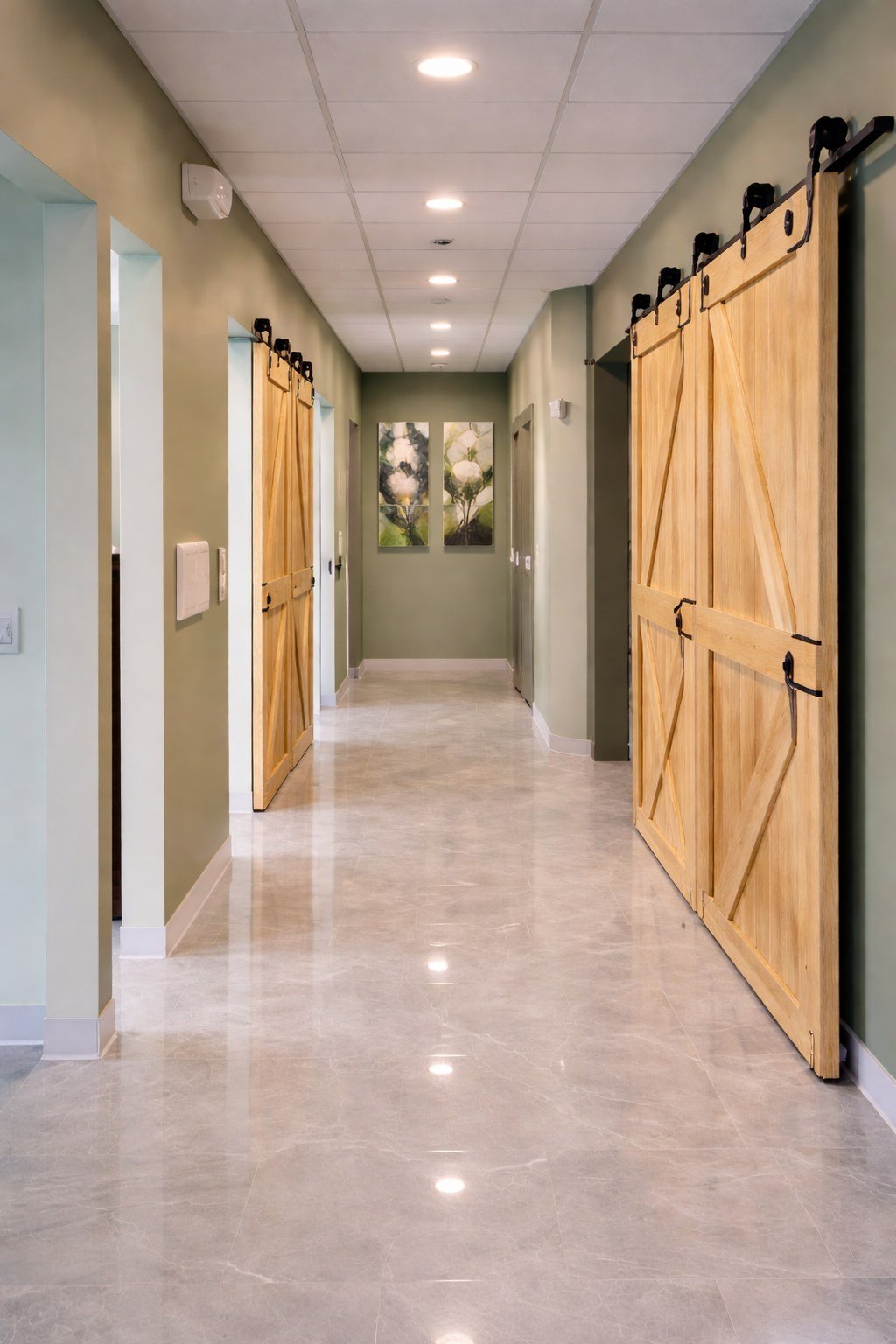 Modern hallway with sliding barn doors leading to private treatment suites at Whiteland Dental, a premier family and cosmetic dentist in Exton, PA